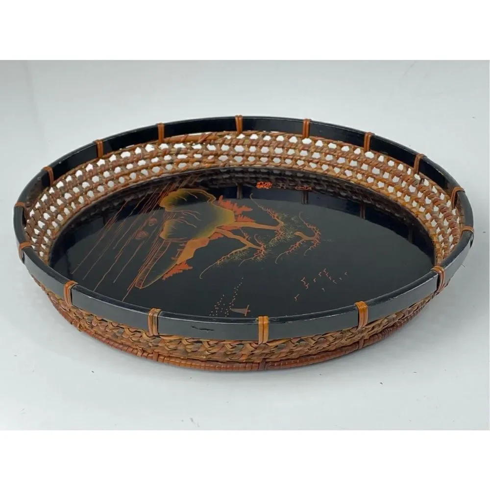 Vintage Japanese Lacquered Hand Painted Wooden Tray with Wicker Sides DR1647
